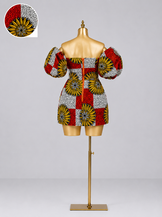 Aba Golden Bloom Heritage Off-Shoulder Mini Dress